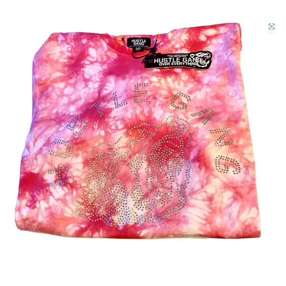 Hustle Gang Tie Dye Pink Rhinestones Men’s Tee Shirt Size Large - Picture 1 of 3